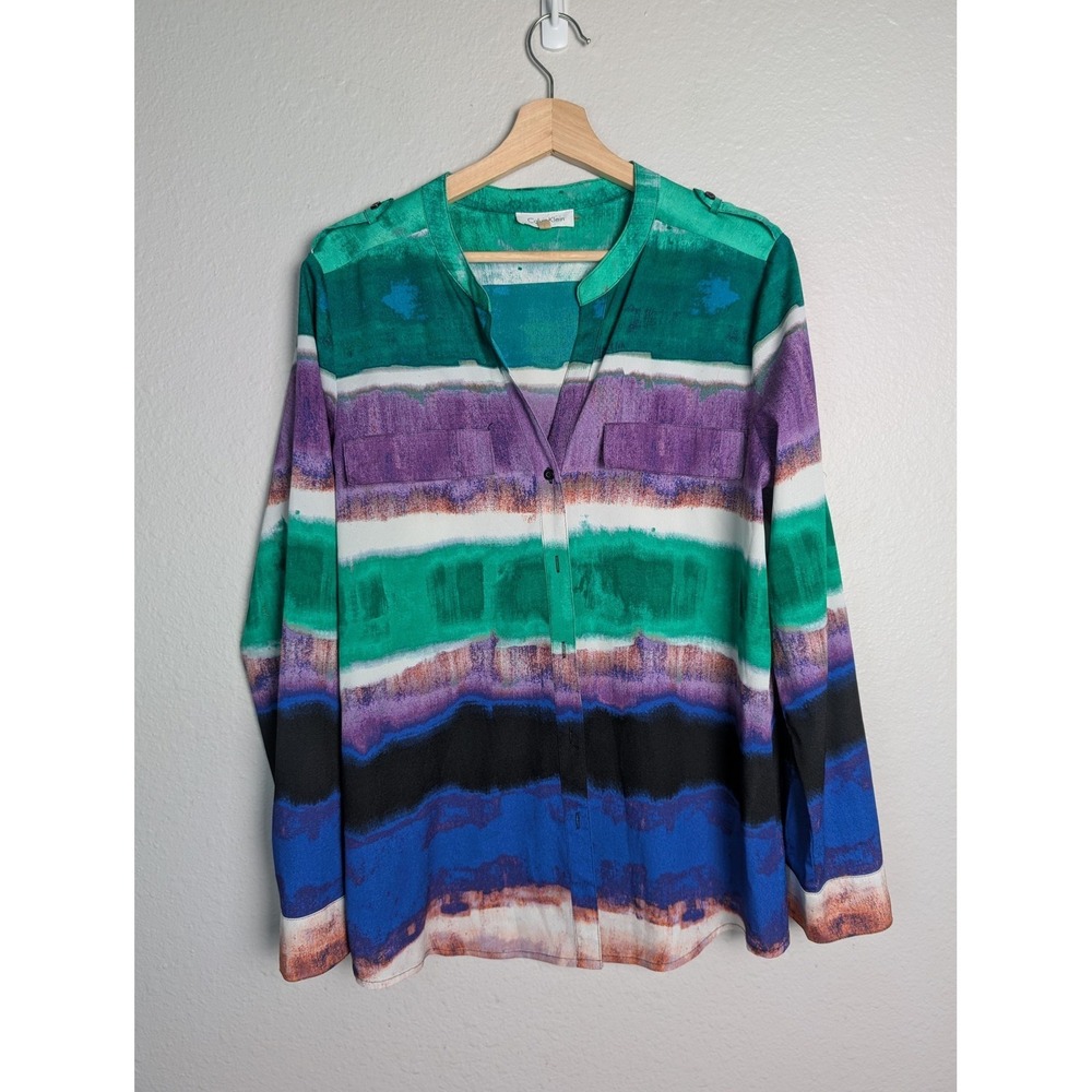 Calvin Klein Blouse Womens L Multicolor Striped Tunic Collared Roll Tab Sleeve‎